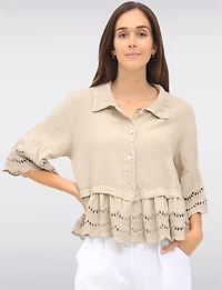 Chic Eyelet-Trimmed Button-Front Linen Shirt with Shirt Collar by Froccella