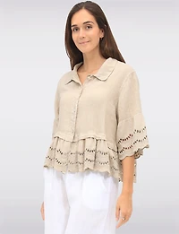 Chic Eyelet-Trimmed Button-Front Linen Shirt with Shirt Collar by Froccella