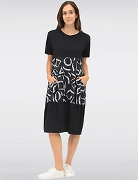 Patchwork Print & Solid Black Short-Sleeve Dress with Side Pockets by Froccella