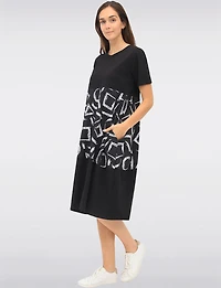 Patchwork Print & Solid Black Short-Sleeve Dress with Side Pockets by Froccella