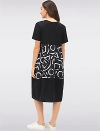 Patchwork Print & Solid Black Short-Sleeve Dress with Side Pockets by Froccella