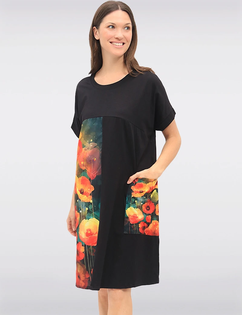 Floral Print Cotton-Blend Relaxed Fit T-Shirt Dress & Patch Pocket by Froccella