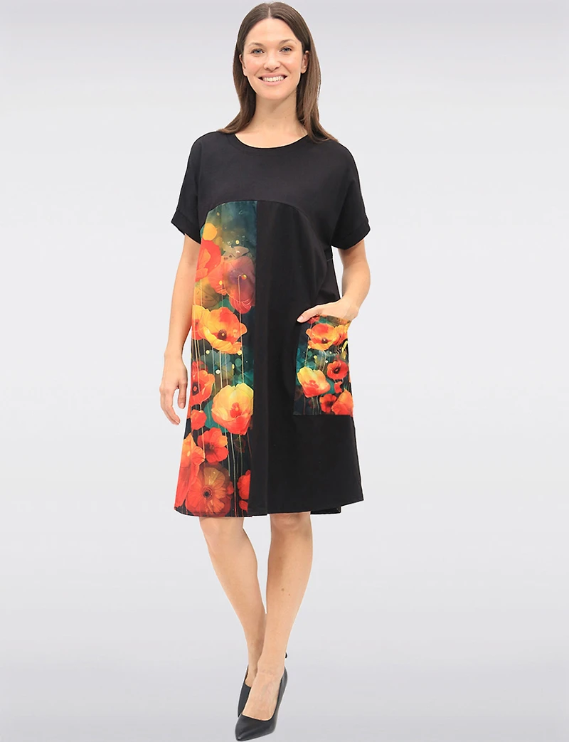 Floral Print Cotton-Blend Relaxed Fit T-Shirt Dress & Patch Pocket by Froccella