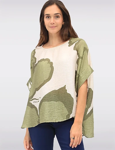 Crinkled Relaxed Fit Printed Top with Dolman Sleeves & Side Slits by Froccella