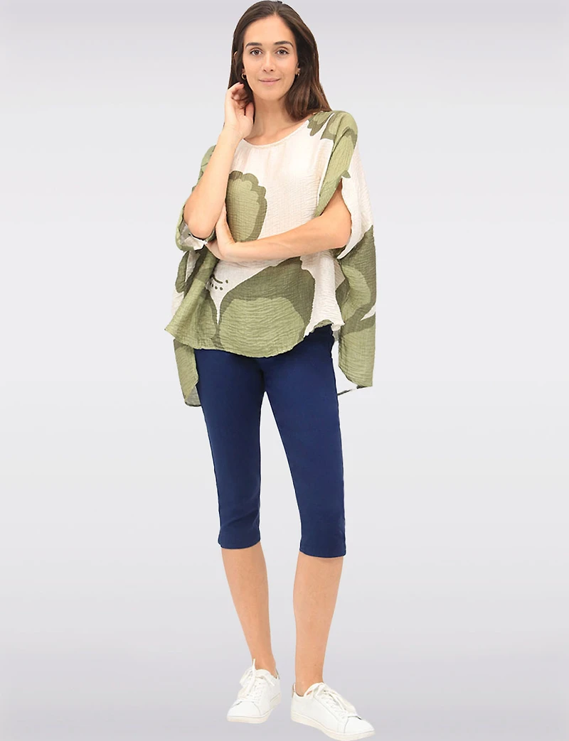 Crinkled Relaxed Fit Printed Top with Dolman Sleeves & Side Slits by Froccella