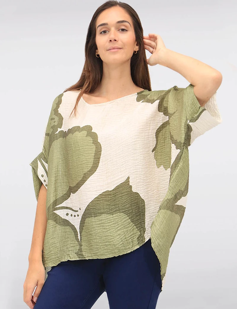 Crinkled Relaxed Fit Printed Top with Dolman Sleeves & Side Slits by Froccella
