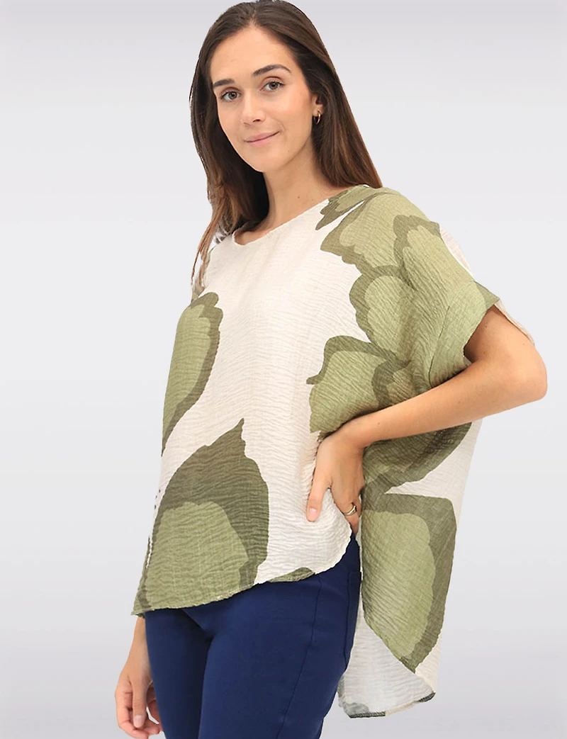 Crinkled Relaxed Fit Printed Top with Dolman Sleeves & Side Slits by Froccella
