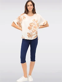 Draped Crinkled Floral Print Top with Dolman Sleeves & Side Slits by Froccella