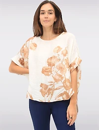 Draped Crinkled Floral Print Top with Dolman Sleeves & Side Slits by Froccella