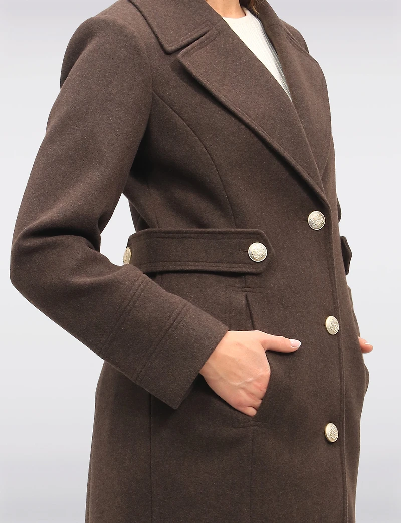 Chic Long Wool-Like Button Coat with Notch Collar & Defined Waist Tabs by Saki