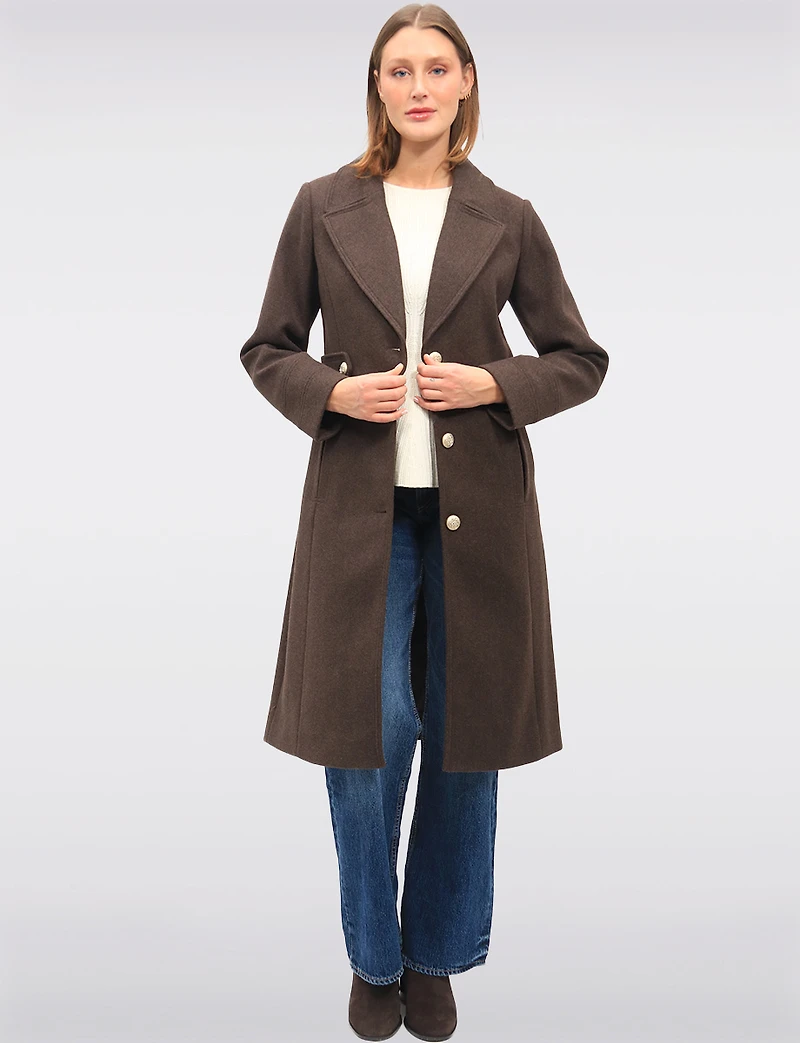 Chic Long Wool-Like Button Coat with Notch Collar & Defined Waist Tabs by Saki