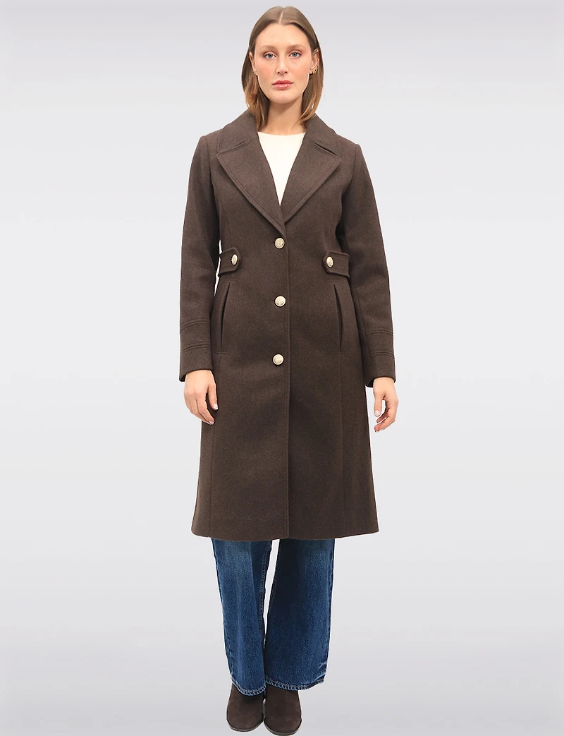 Chic Long Wool-Like Button Coat with Notch Collar & Defined Waist Tabs by Saki