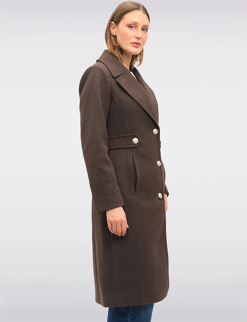 Chic Long Wool-Like Button Coat with Notch Collar & Defined Waist Tabs by Saki