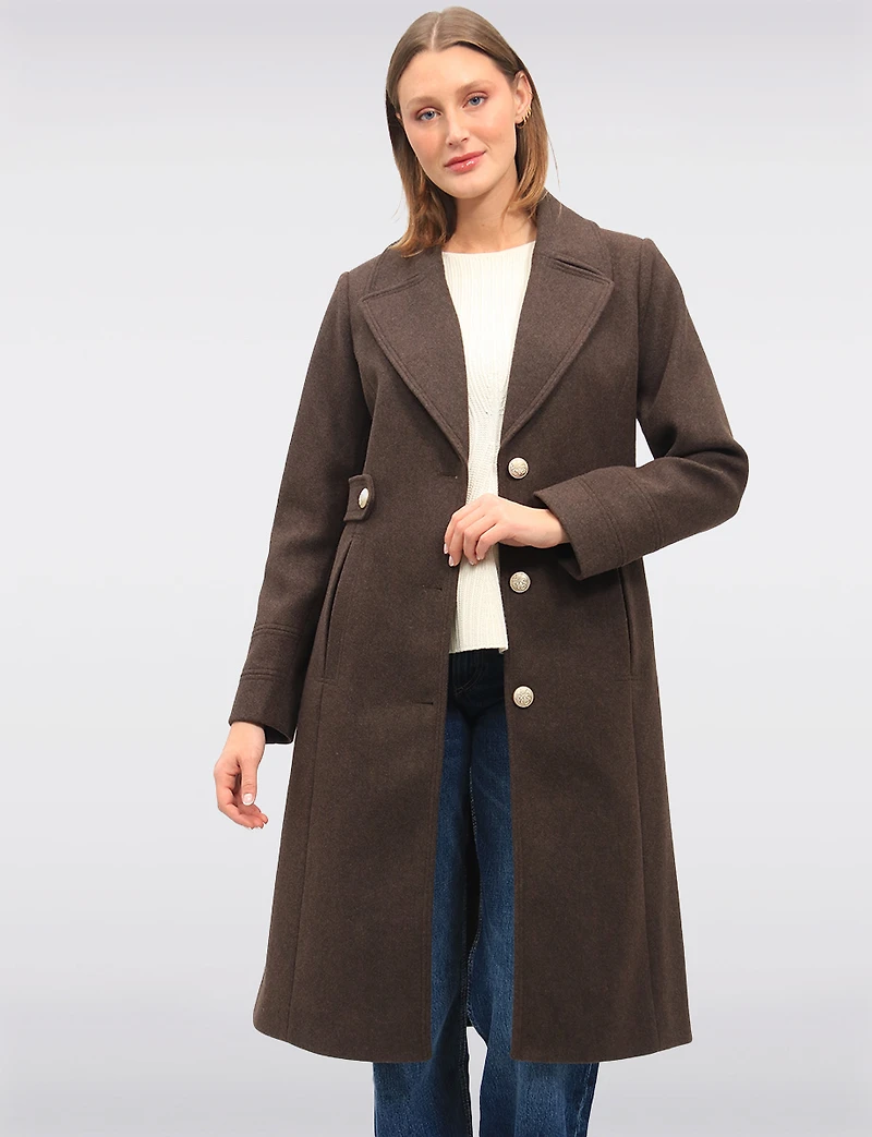 Chic Long Wool-Like Button Coat with Notch Collar & Defined Waist Tabs by Saki
