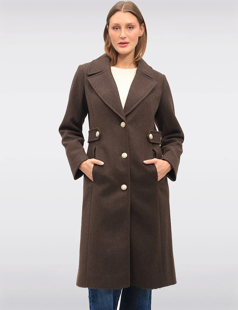 Chic Long Wool-Like Button Coat with Notch Collar & Defined Waist Tabs by Saki