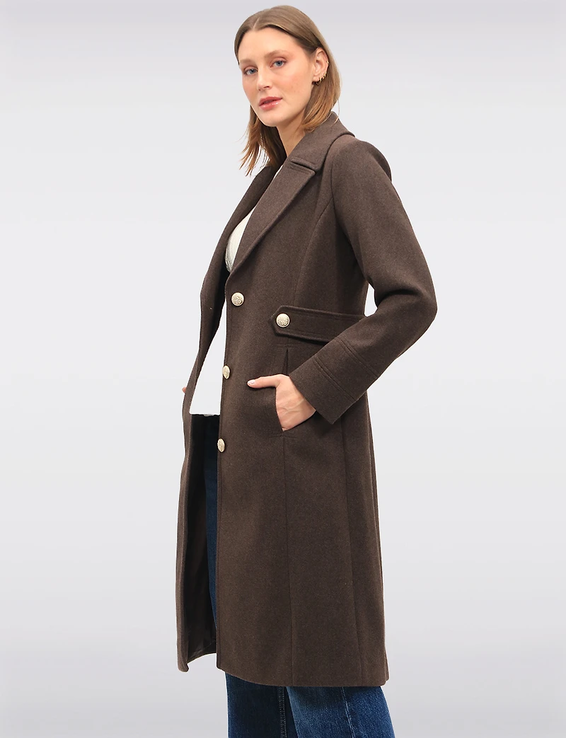 Chic Long Wool-Like Button Coat with Notch Collar & Defined Waist Tabs by Saki