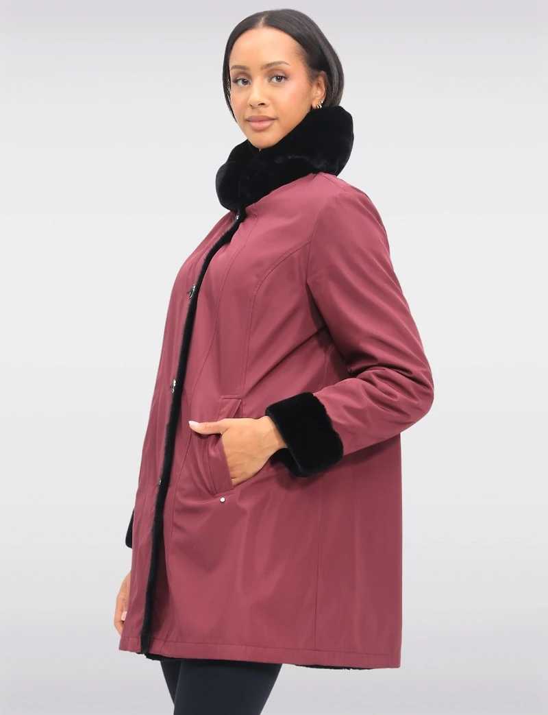 Vegan Reversible Faux Fur Coat Button Front Closure & Princess Seams by Saki