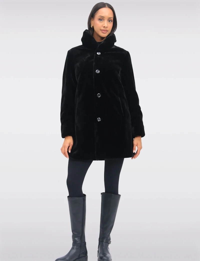 Vegan Reversible Faux Fur Coat Button Front Closure & Princess Seams by Saki