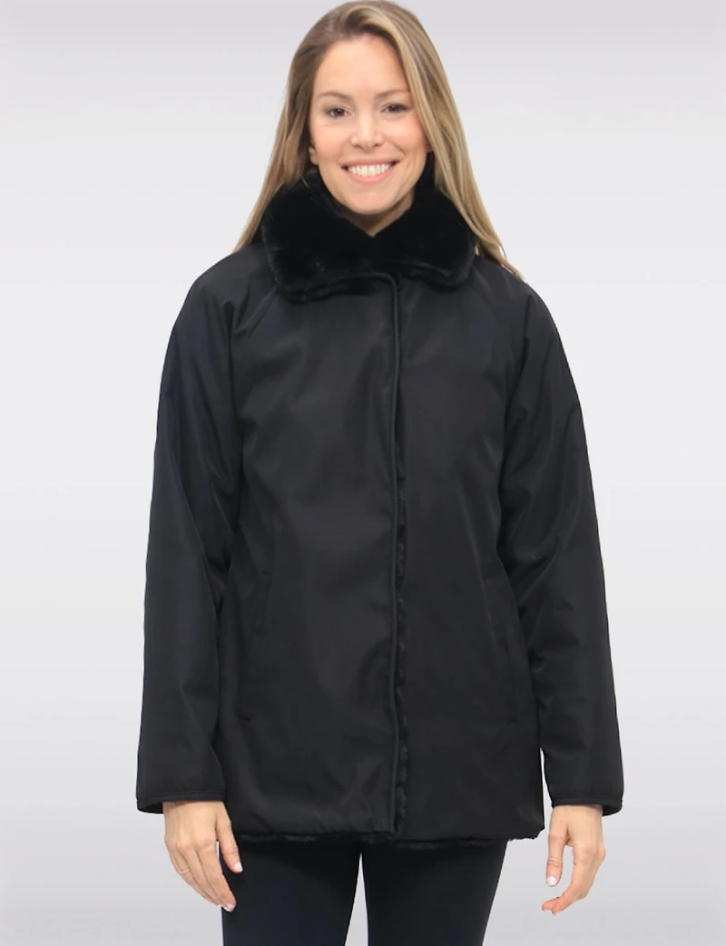 Vegan Reversible Ultra-soft Faux Fur and Smooth Straight Cut Coat by Saki