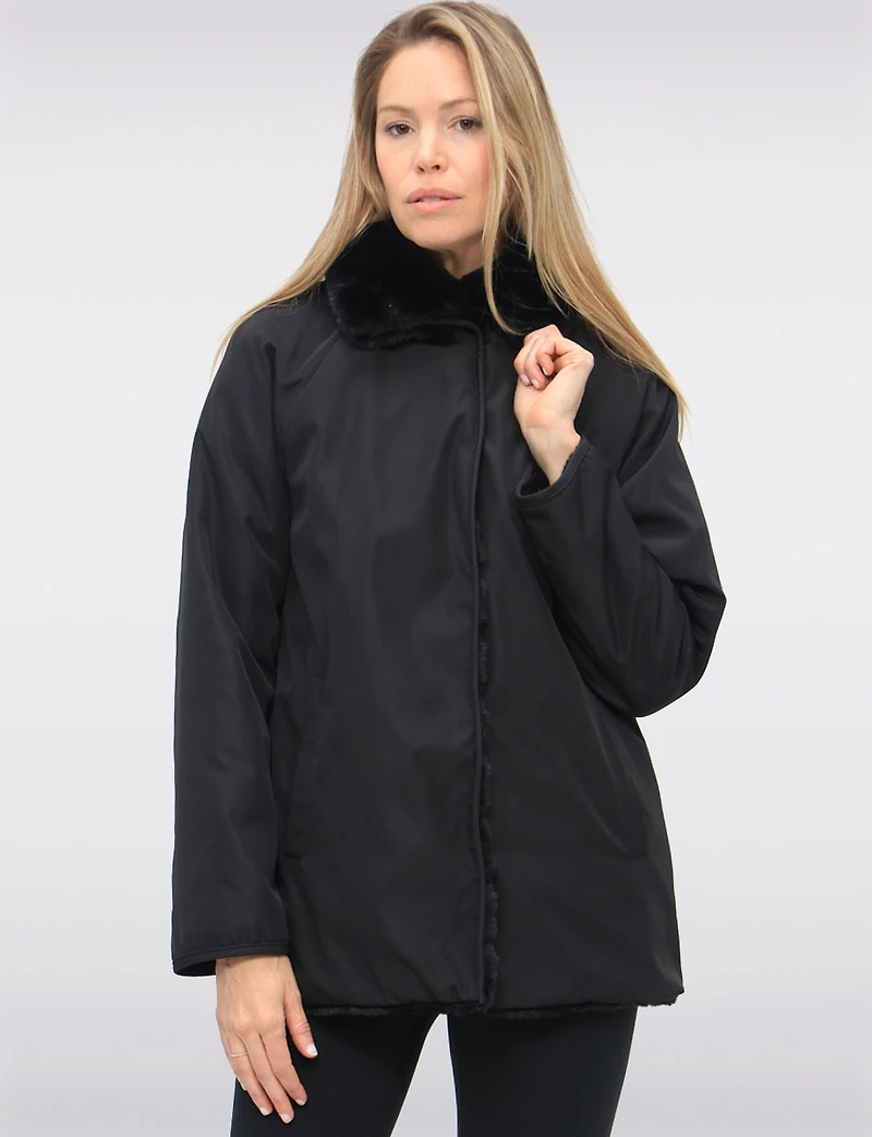 Vegan Reversible Ultra-soft Faux Fur and Smooth Straight Cut Coat by Saki