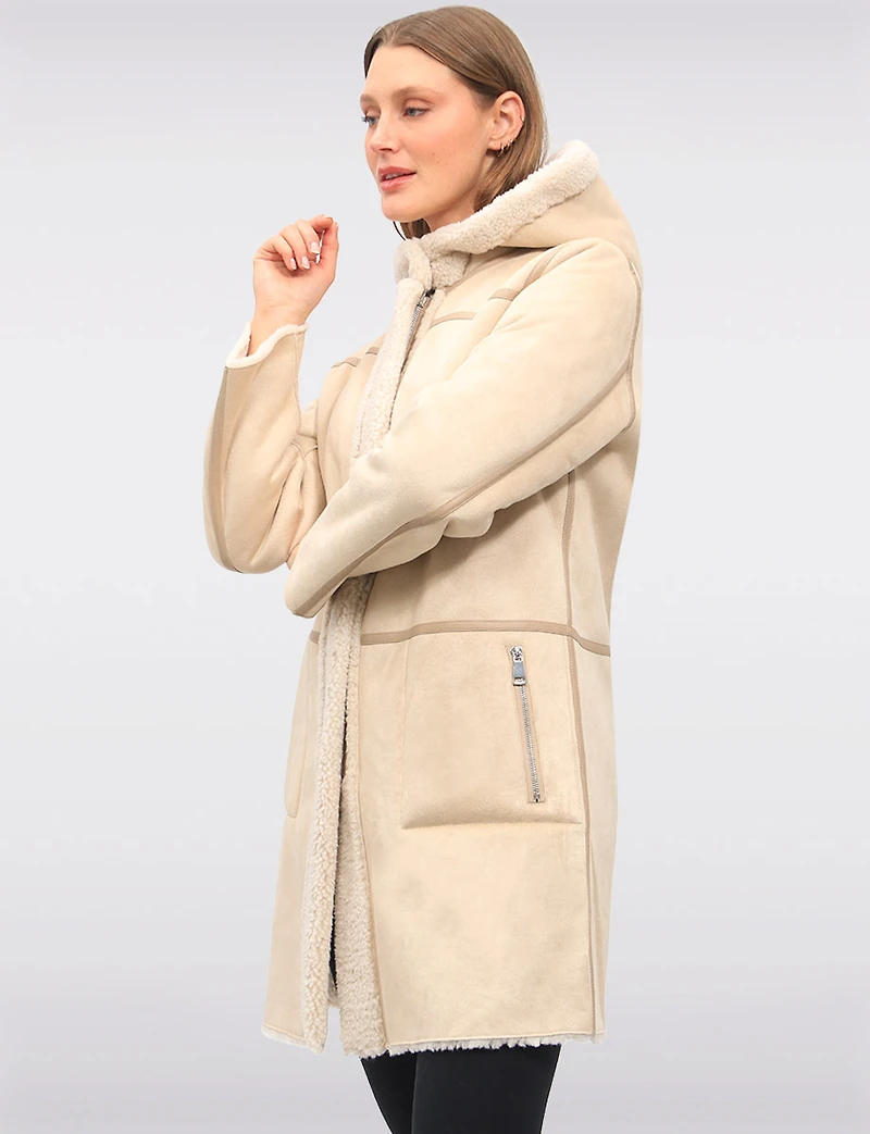 Reversible Cozy Faux Suede and Soft Sherpa Hooded Vegan Coat by Saki