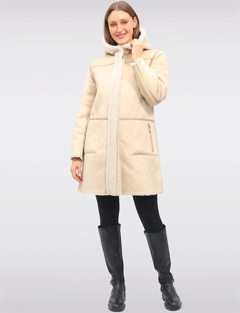 Reversible Cozy Faux Suede and Soft Sherpa Hooded Vegan Coat by Saki