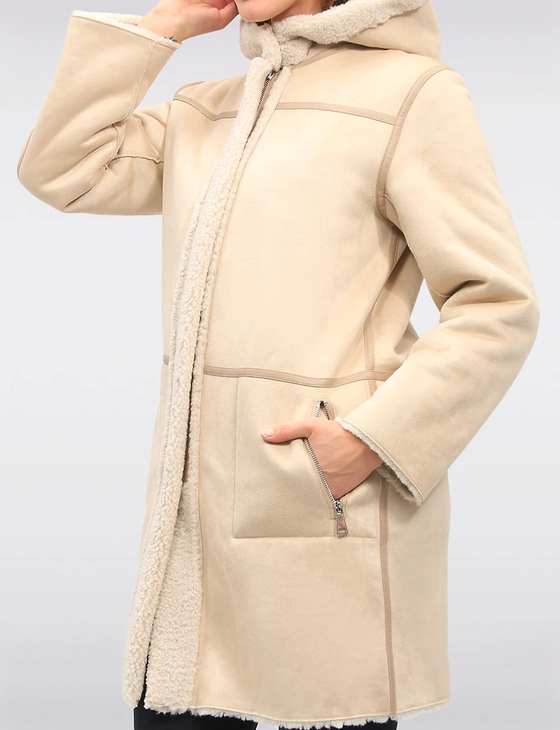 Reversible Cozy Faux Suede and Soft Sherpa Hooded Vegan Coat by Saki