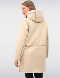 Reversible Cozy Faux Suede and Soft Sherpa Hooded Vegan Coat by Saki