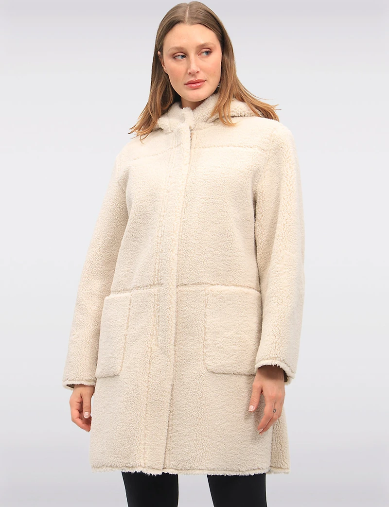 Reversible Cozy Faux Suede and Soft Sherpa Hooded Vegan Coat by Saki