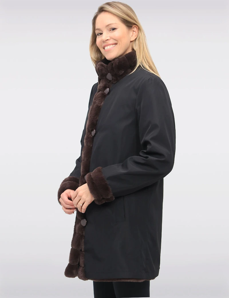 Vegan Reversible Faux Fur Coat Button Front Closure by Saki
