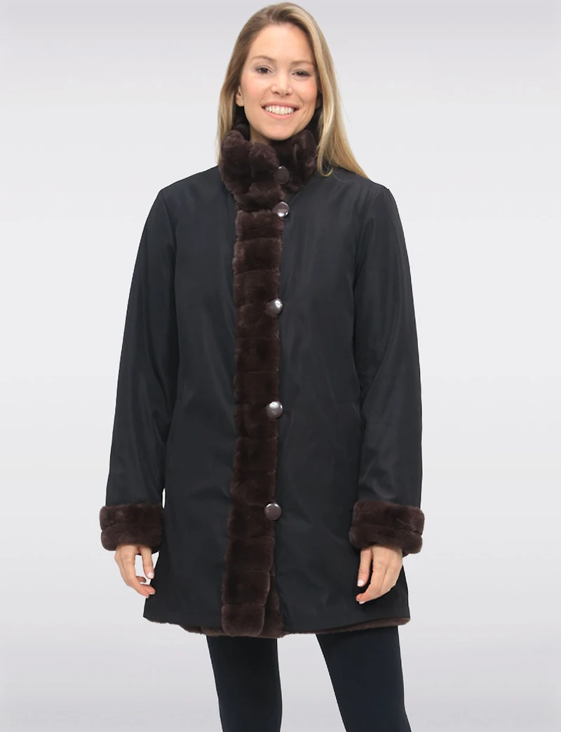 Vegan Reversible Faux Fur Coat Button Front Closure by Saki