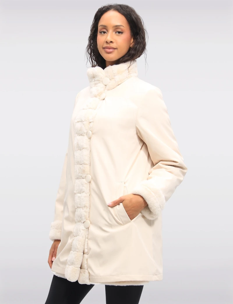 Vegan Reversible Faux Fur Coat Button Front Closure by Saki