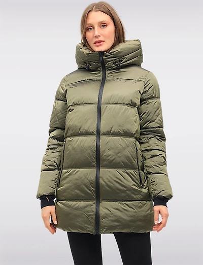 Trendy Mid-Length Shiny Quilted Puffer Jacket with Attached Pillow Hood by Owy
