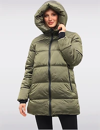 Trendy Mid-Length Shiny Quilted Puffer Jacket with Attached Pillow Hood by Owy