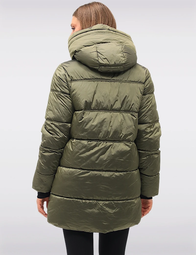 Trendy Mid-Length Shiny Quilted Puffer Jacket with Attached Pillow Hood by Owy