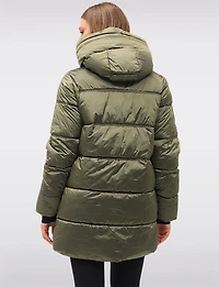 Trendy Mid-Length Shiny Quilted Puffer Jacket with Attached Pillow Hood by Owy