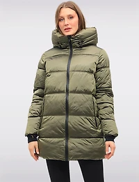 Trendy Mid-Length Shiny Quilted Puffer Jacket with Attached Pillow Hood by Owy