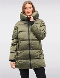 Trendy Mid-Length Shiny Quilted Puffer Jacket with Attached Pillow Hood by Owy