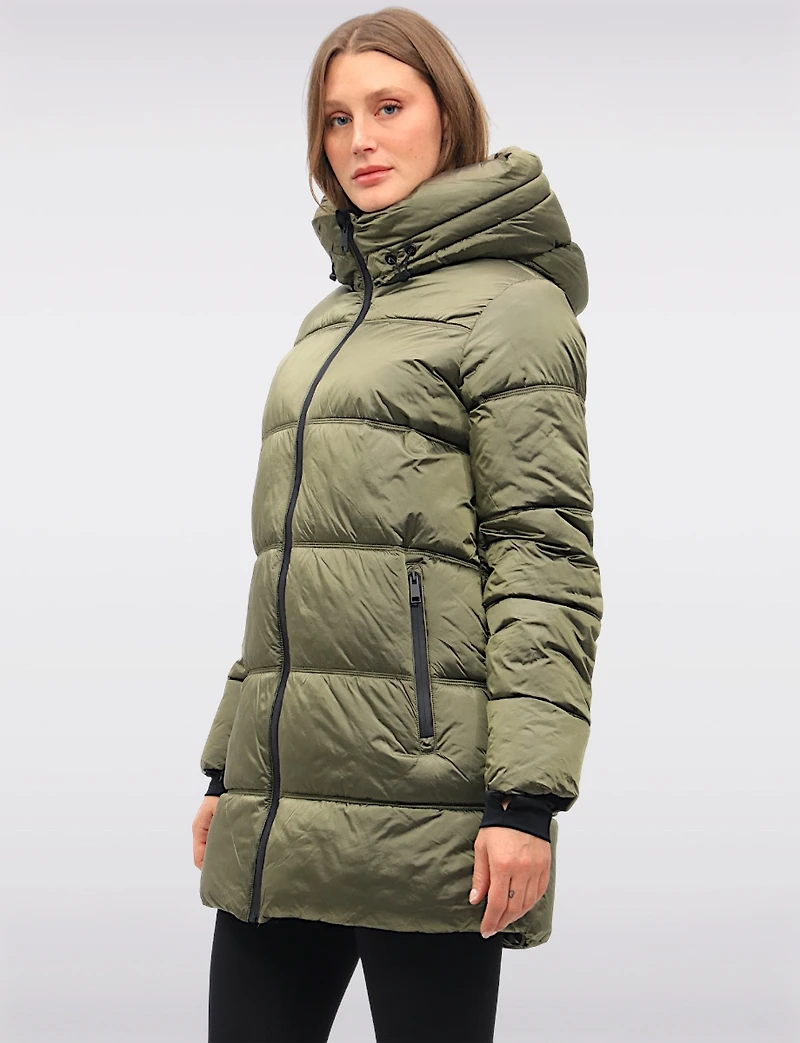 Trendy Mid-Length Shiny Quilted Puffer Jacket with Attached Pillow Hood by Owy