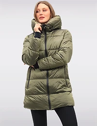 Trendy Mid-Length Shiny Quilted Puffer Jacket with Attached Pillow Hood by Owy