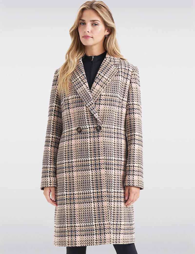 Chic Multicoloured Houndstooth Double-Breasted Notch Collar Coat by Ellen Tracy