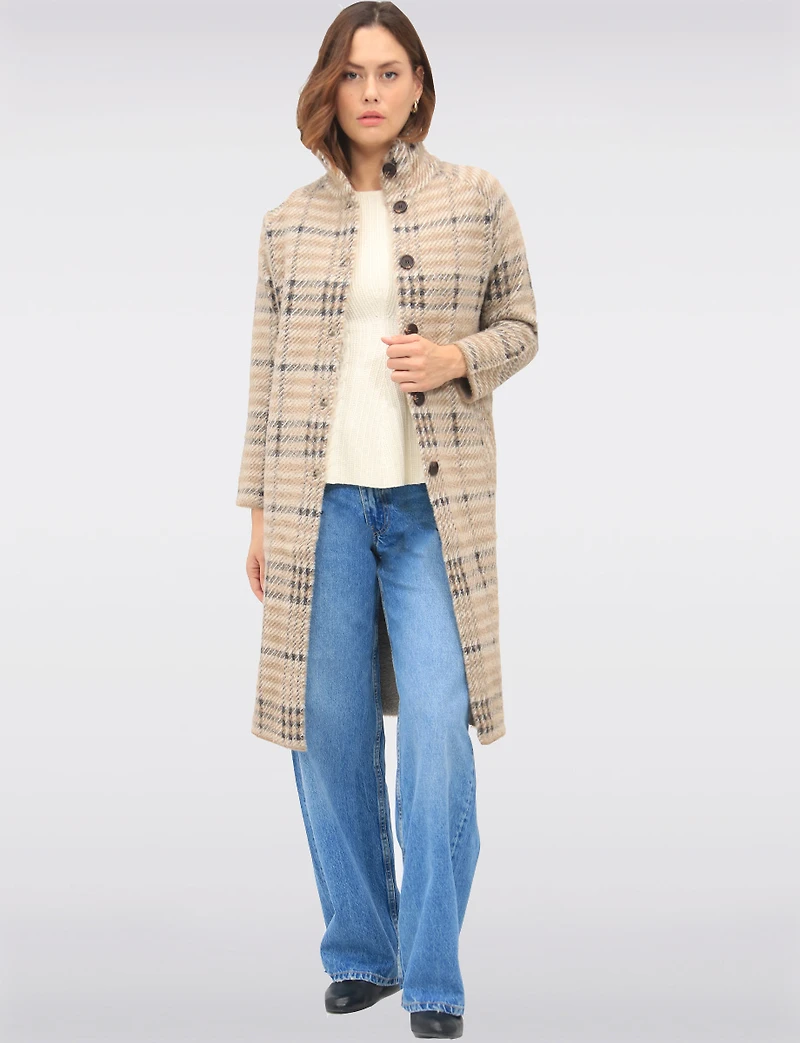 Single-Breasted Button Front Vegan Plaid Coatigan with High Stand Collar by NVLT