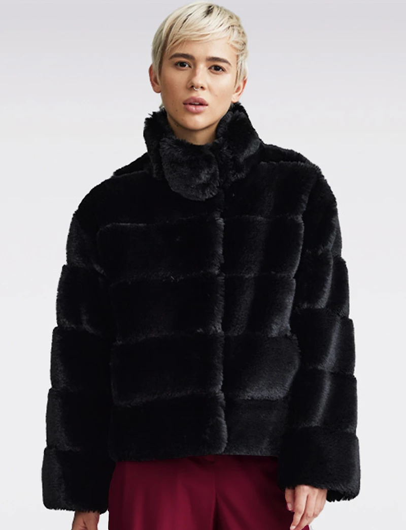 Vegan Plush Faux Fur Quilted Cropped High Collar Jacket by NVLT