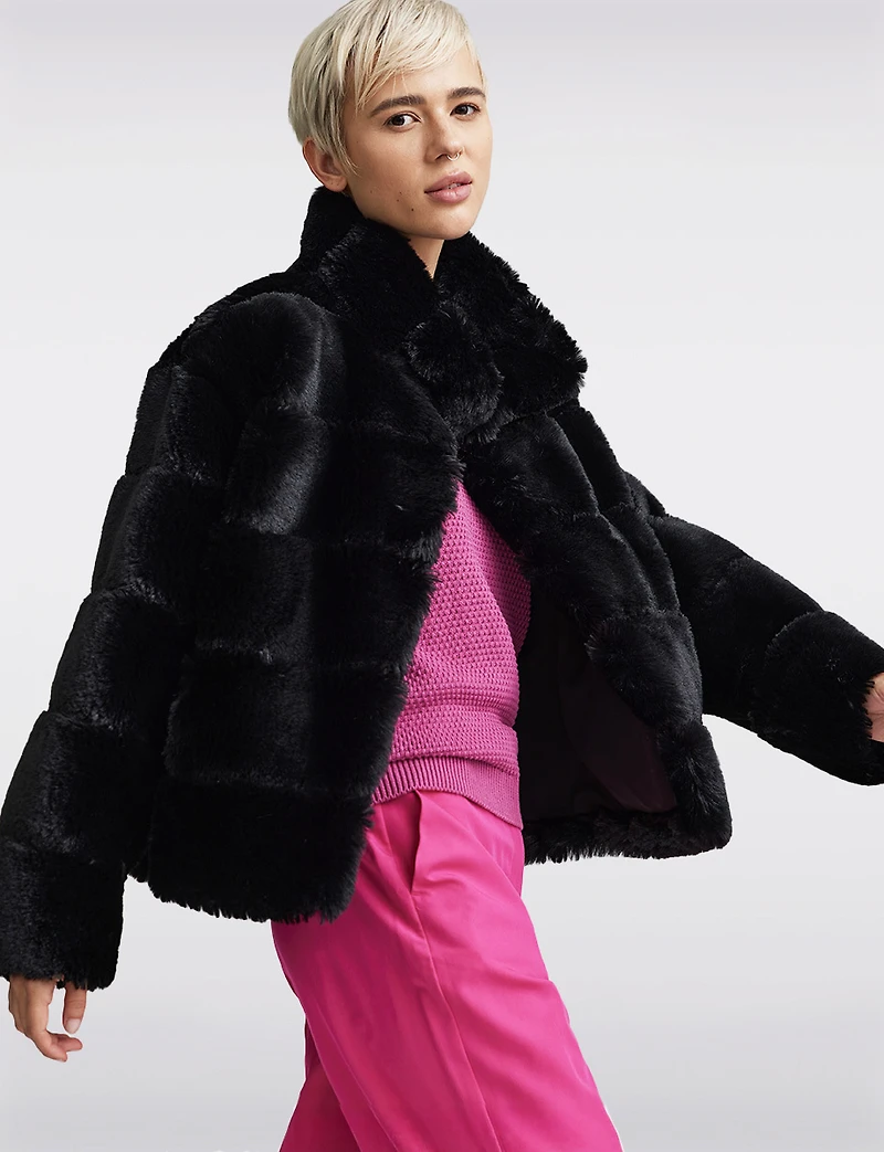 Vegan Plush Faux Fur Quilted Cropped High Collar Jacket by NVLT