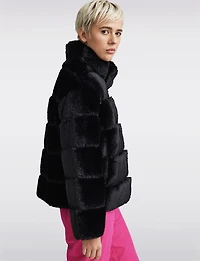 Vegan Plush Faux Fur Quilted Cropped High Collar Jacket by NVLT