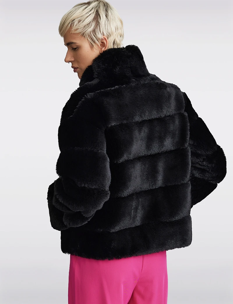 Vegan Plush Faux Fur Quilted Cropped High Collar Jacket by NVLT
