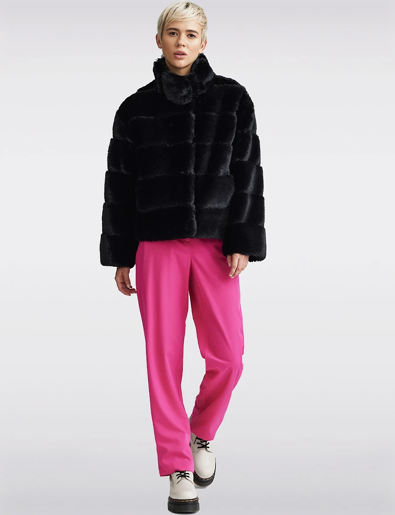 Vegan Plush Faux Fur Quilted Cropped High Collar Jacket by NVLT