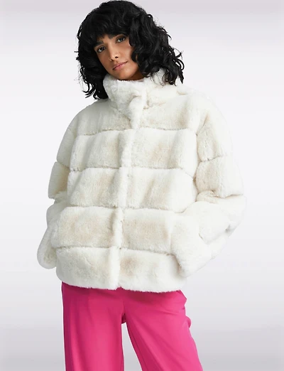 Vegan Plush Faux Fur Quilted Cropped High Collar Jacket by NVLT