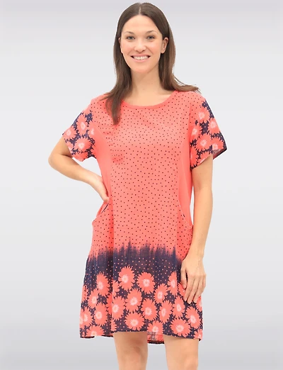 Short Sleeve Polka Dot and Floral Dress With Knit Trim at the Waist By Froccella