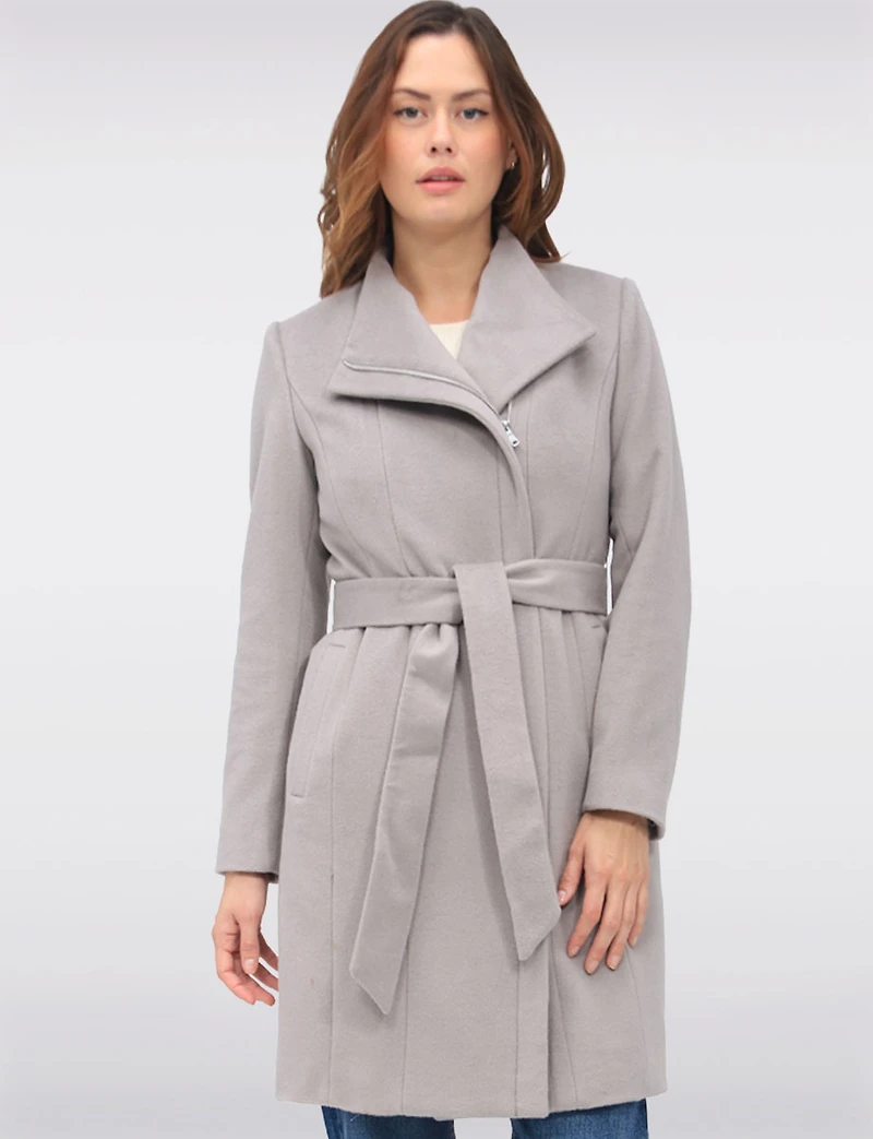 Sophisticated Wool Blend Zip Front Coat with Belt and Large Collar by Cole Haan